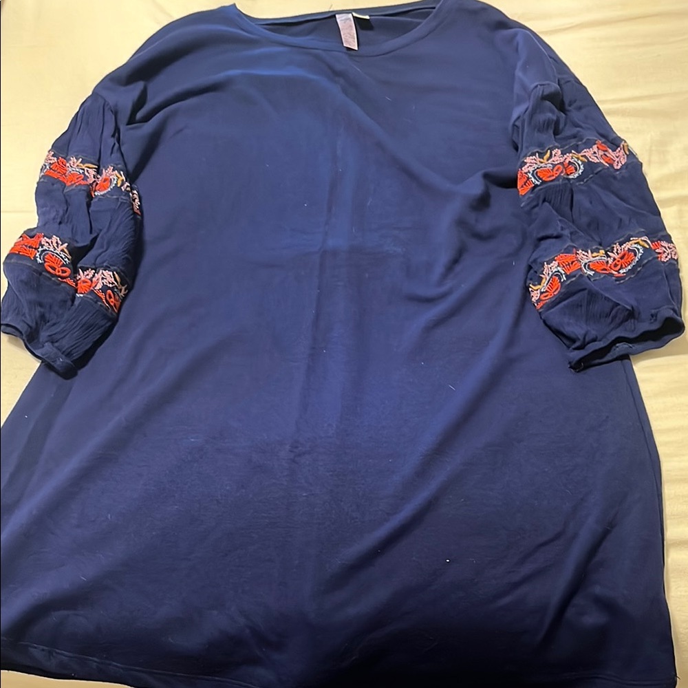 Blue Long Sleeve Top with Embroidered Sleeves